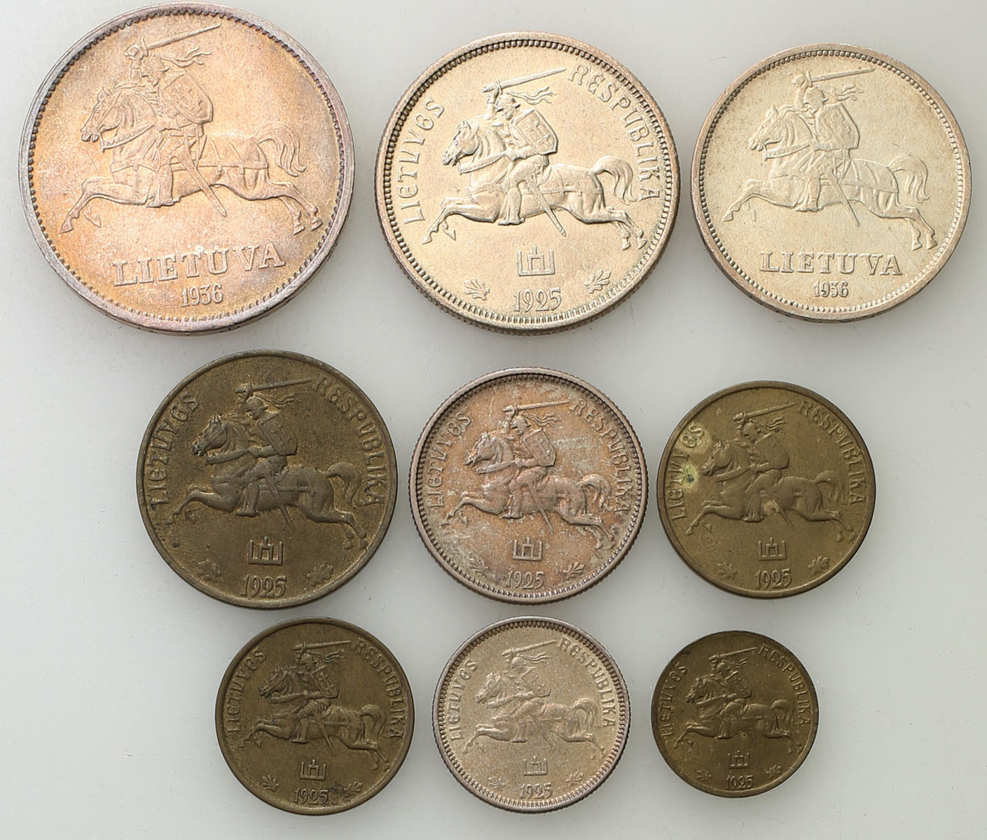 Litwa, Łotwa. 1 centasdo 10 litu1925-1936, zestaw 9 monet